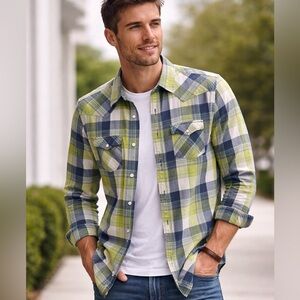 Aeropostale Men’s Small Western Shirt Plaid Pearl‎ Snap Green White Blue Hipster